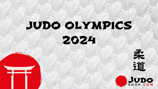 Judo Olympics 2024 banner with traditional Japanese torii symbol and textured background.