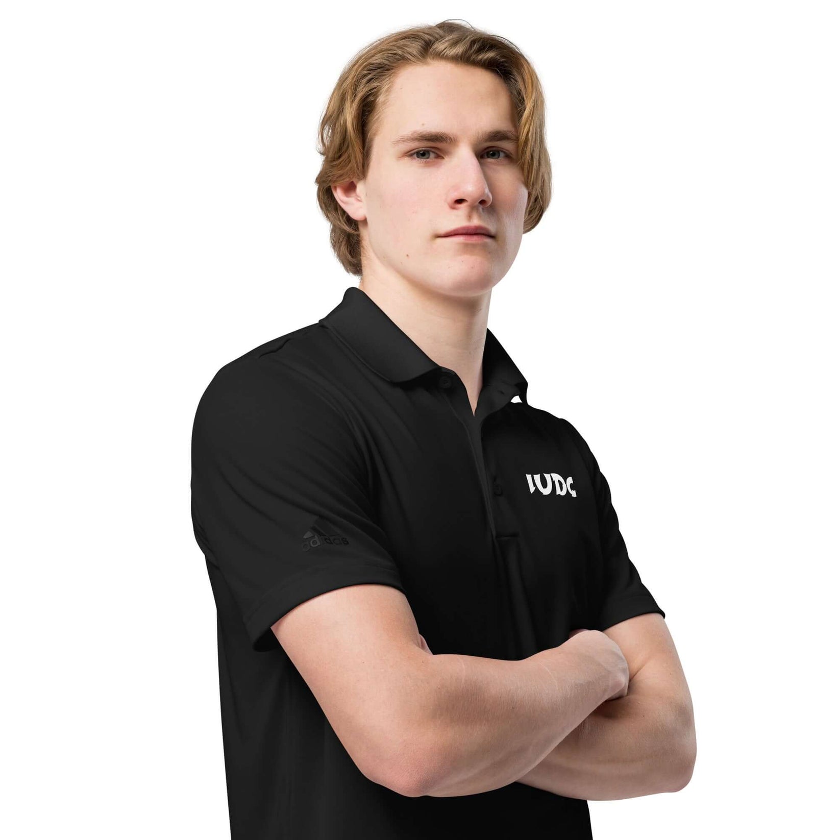 Front right angle view of black adidas Judo polo shirt