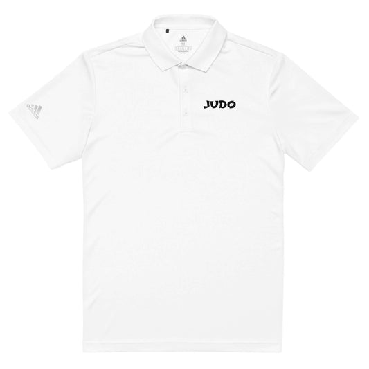 Adidas Judo Polo T-shirt front view showing minimalist JUDO text on white polo