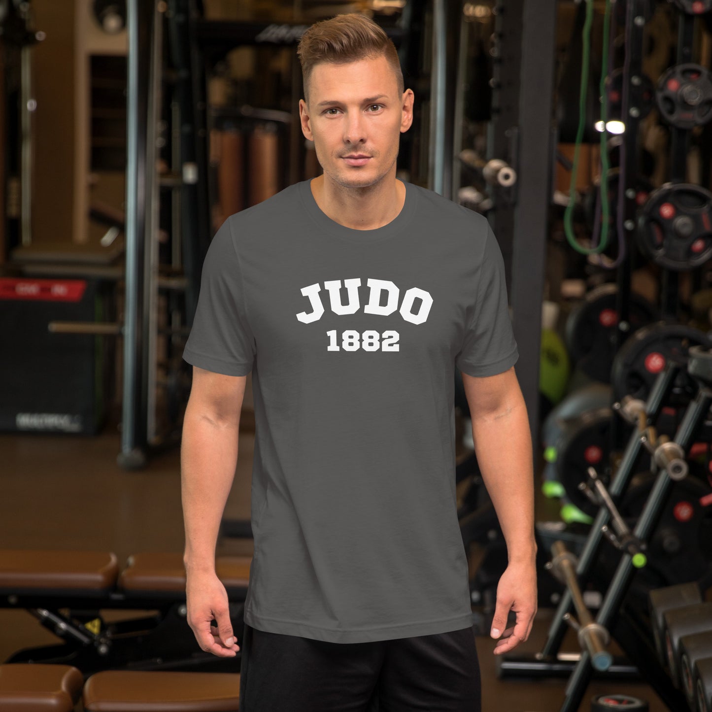 Judo 1882 t-shirt front view showing classic white text design on asphalt t-shirt