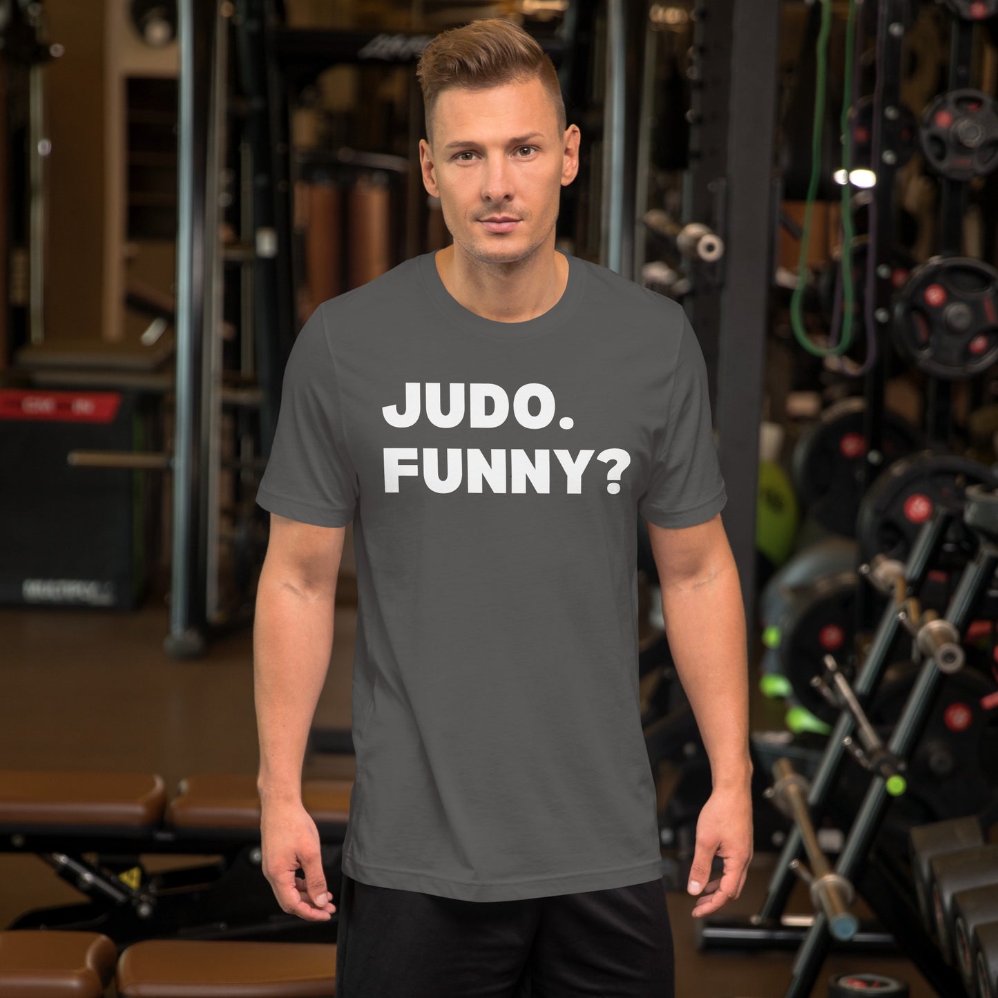 JUDO. FUNNY? t-shirt front view showing bold white text design on asphalt cotton