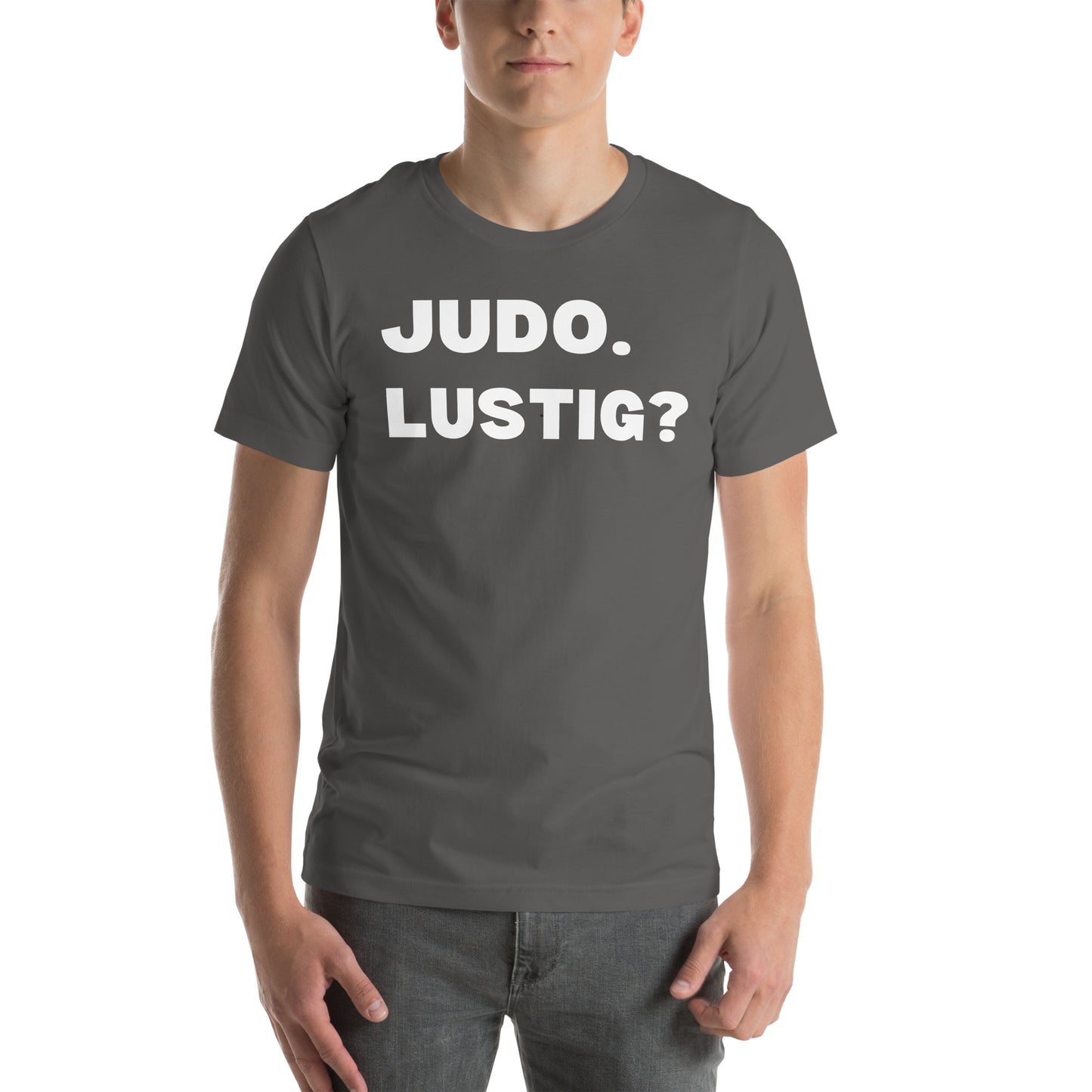 Lustiges Judo T-Shirt Vorderansicht mit humorvollem Judo-Design in Asphaltgrau