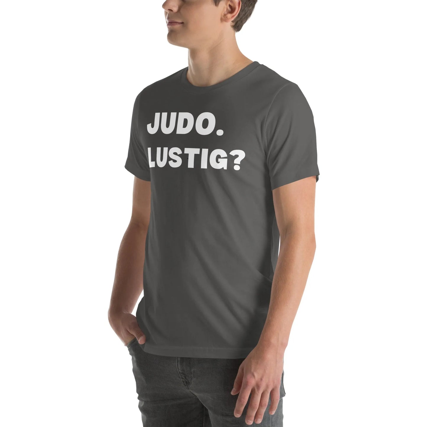 Lustiges Judo T-Shirt Vorderansicht/Linke mit humorvollem Judo-Design in Asphaltgrau