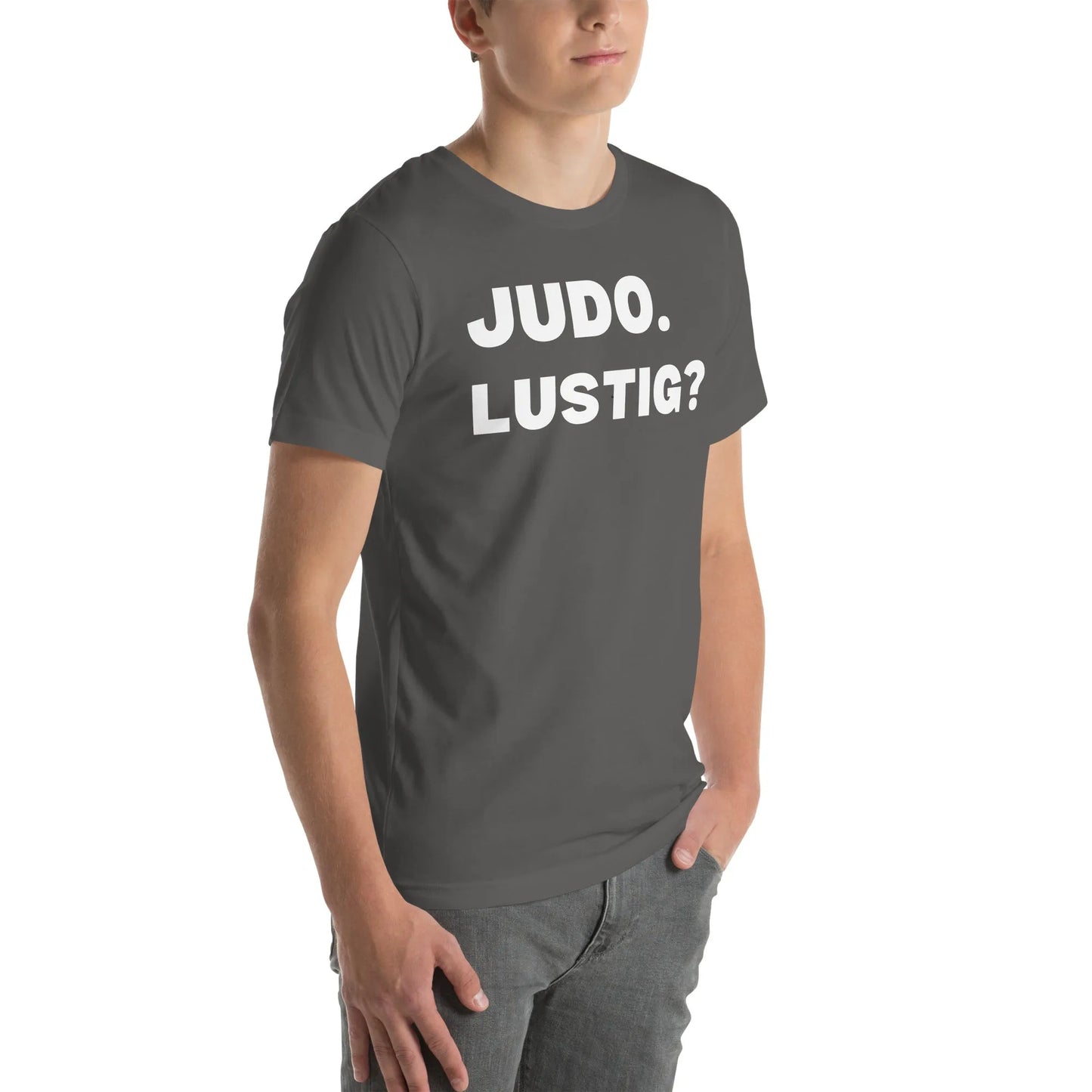 Lustiges Judo T-Shirt Vorderansicht mit humorvollem Judo-Design in Asphaltgrau