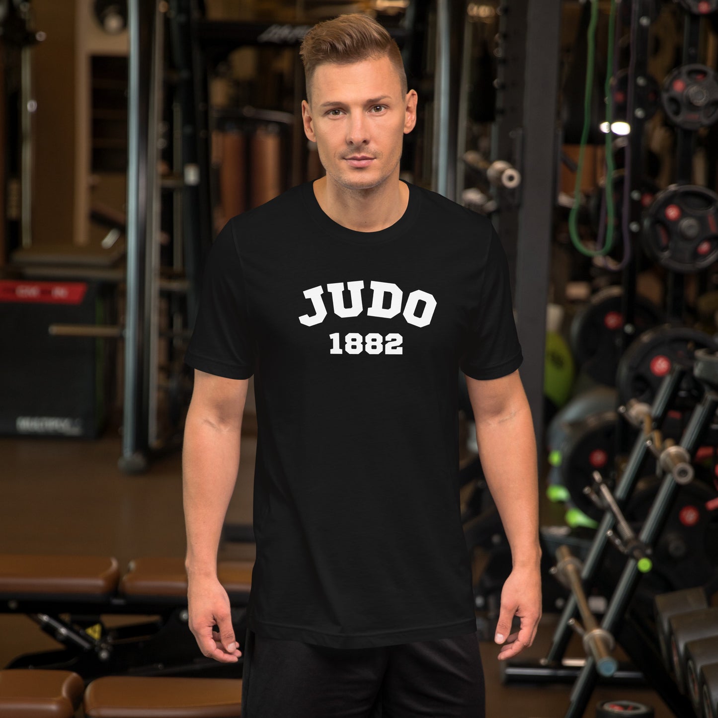 Judo 1882 t-shirt front view showing classic white text design on black t-shirt