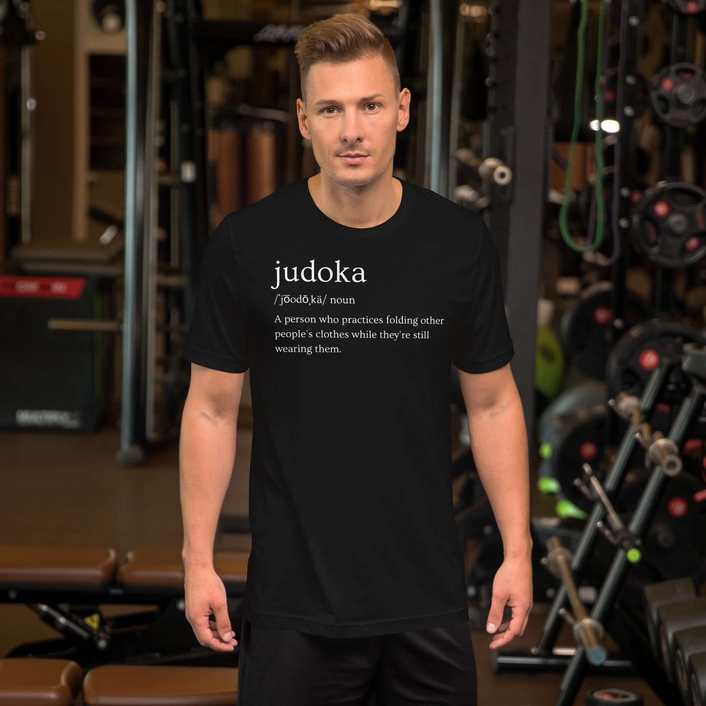 Judoka definition t-shirt front view with dictionary-style typography on black t-shirt