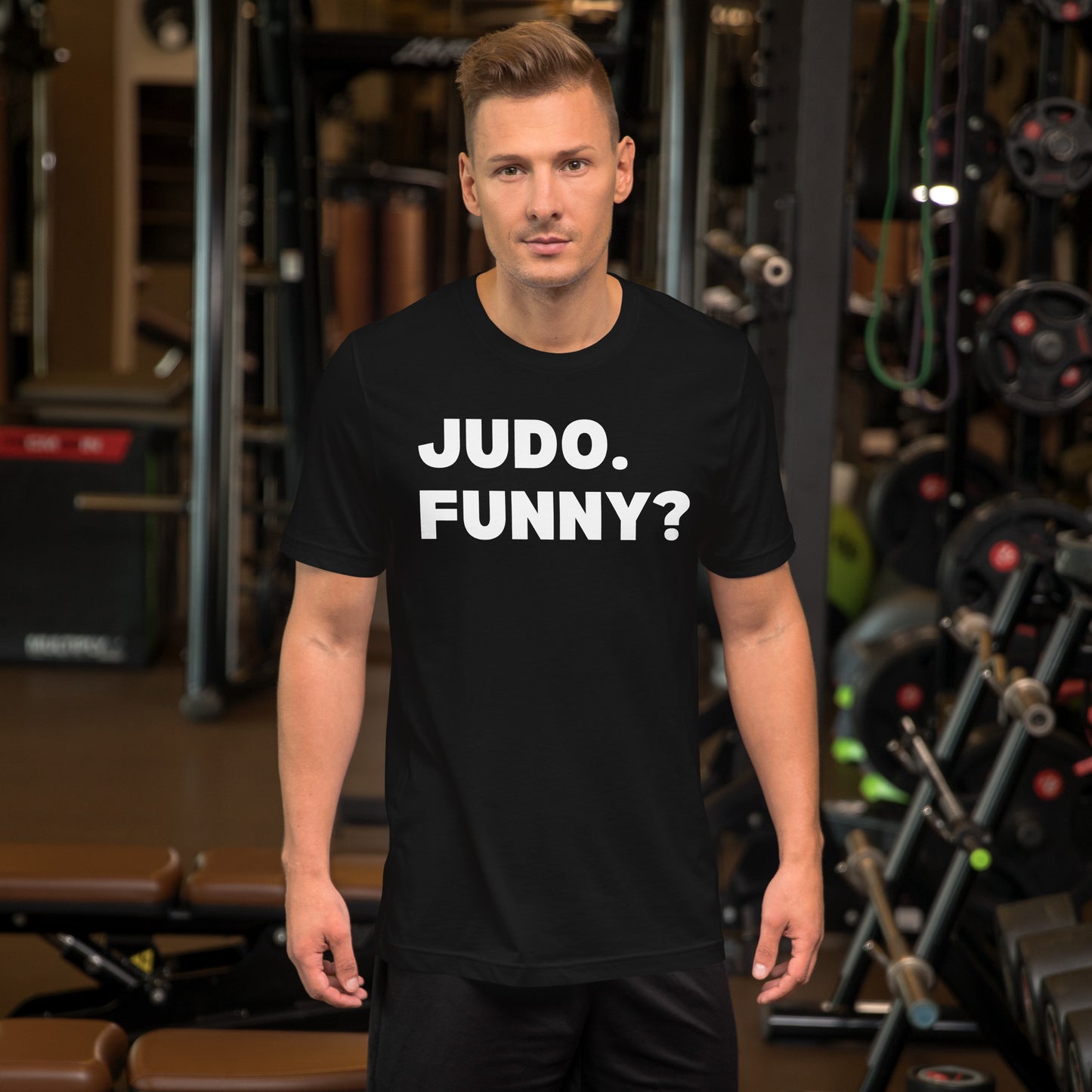 JUDO. FUNNY? t-shirt front view showing bold white text design on black cotton