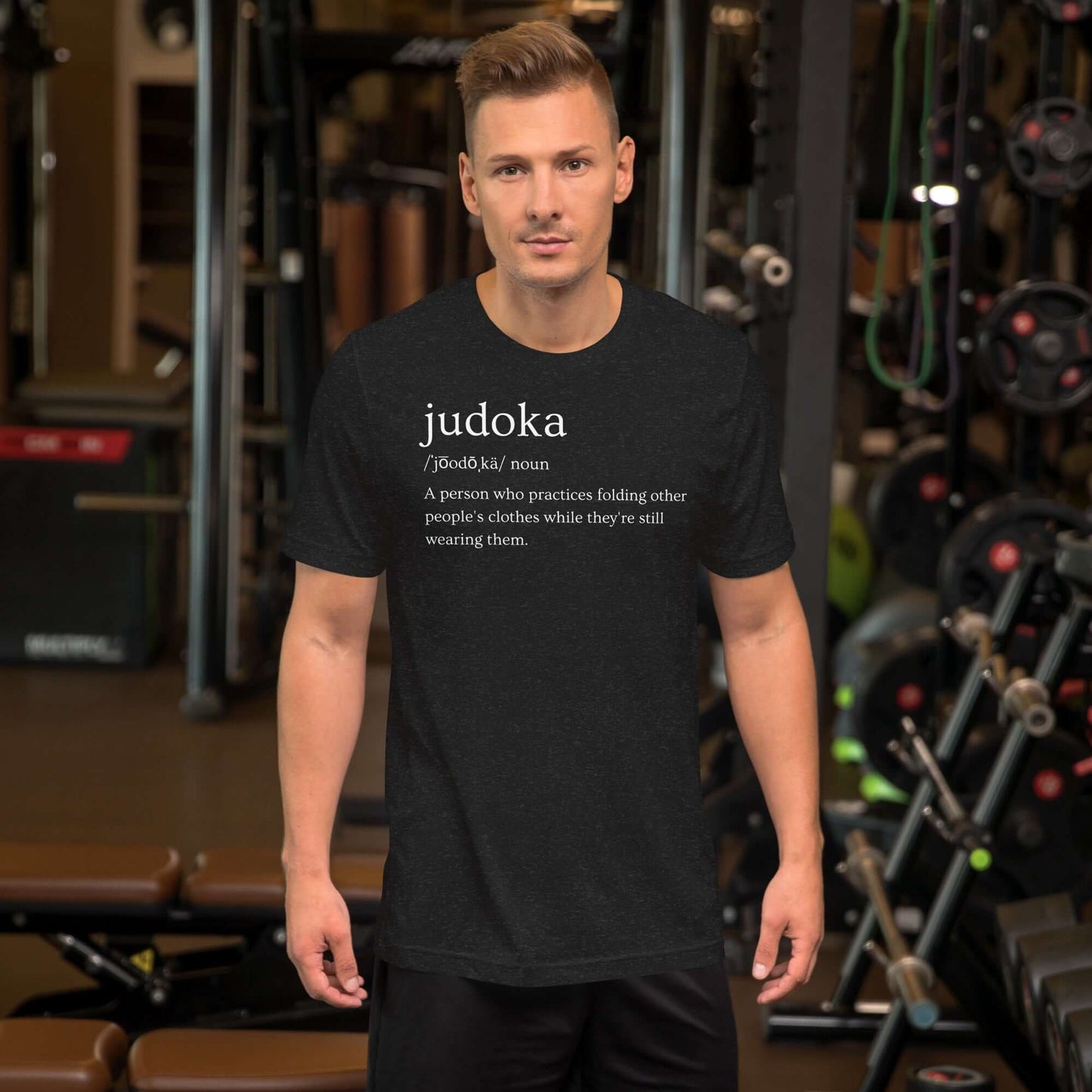 Judoka definition t-shirt front view with dictionary-style typography on black t-shirt