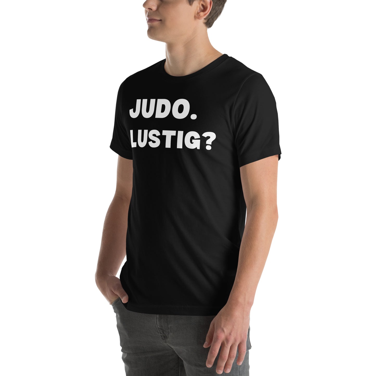 Linke/Vorderansicht Seitenansicht des lustigen Judo T-Shirts in Schwarz