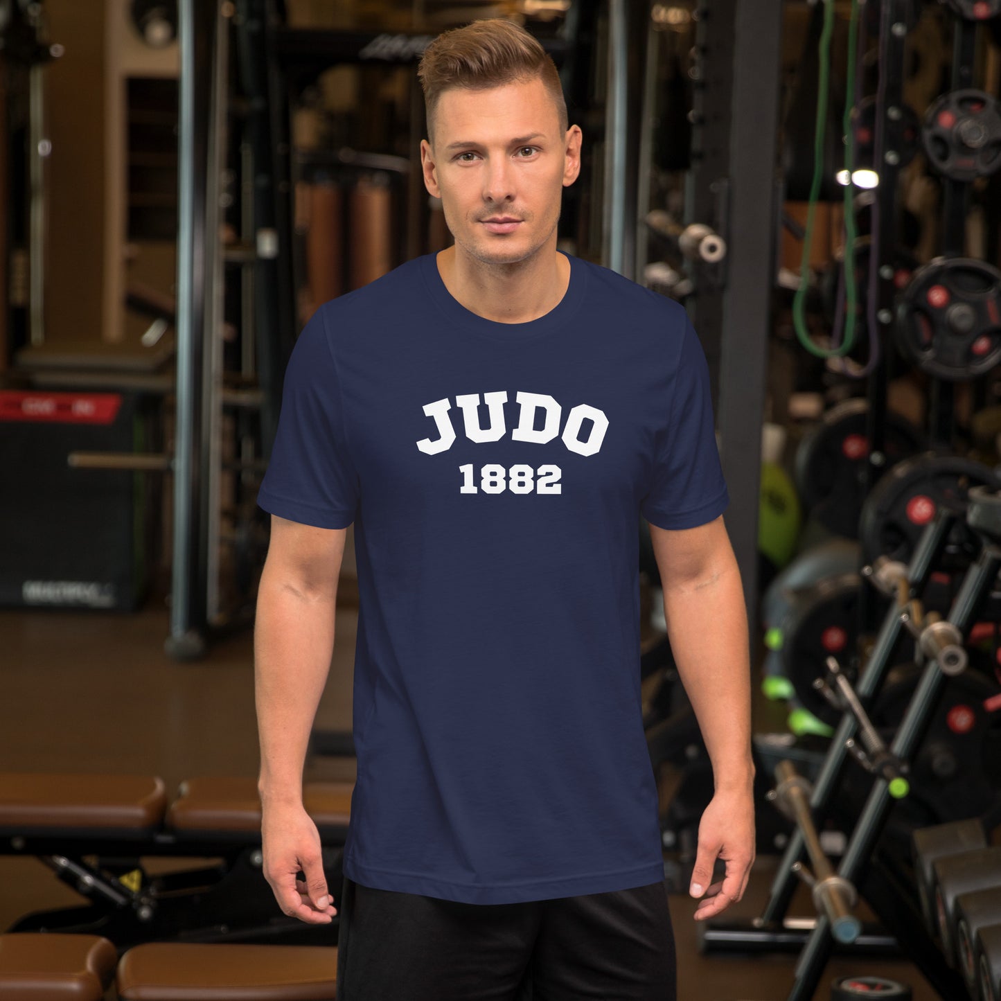 Judo 1882 t-shirt front view showing classic white text design on navy t-shirt