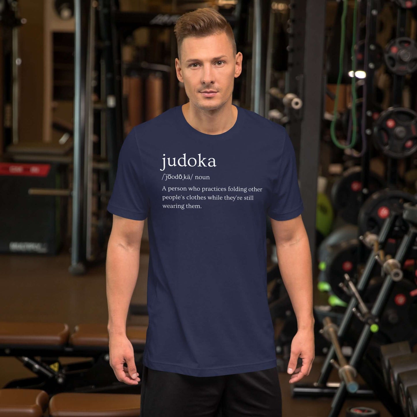 Judoka definition t-shirt front view with dictionary-style typography on navy t-shirt