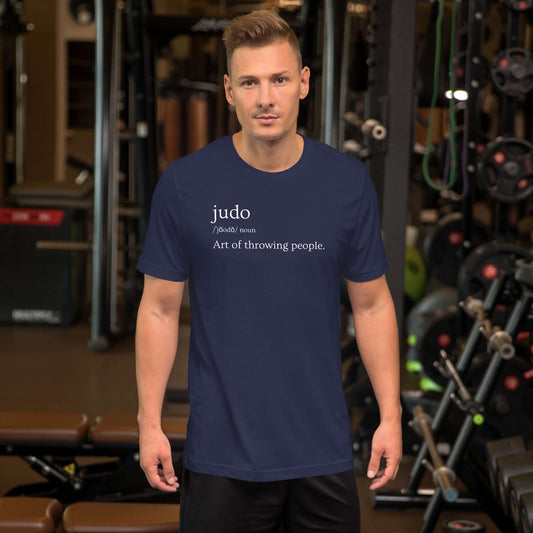 Judo Definition T-shirt front view showing dictionary-style design on navy cotton
