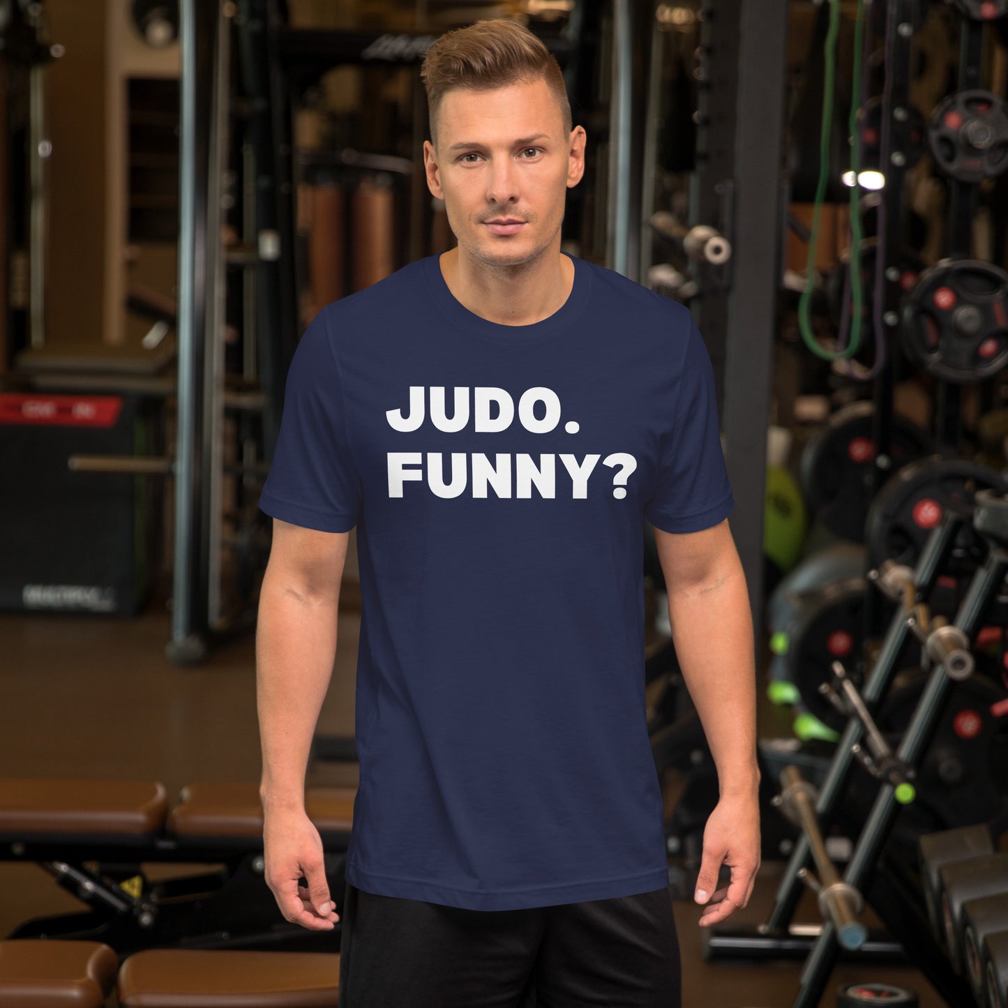 JUDO. FUNNY? t-shirt front view showing bold white text design on navy cotton