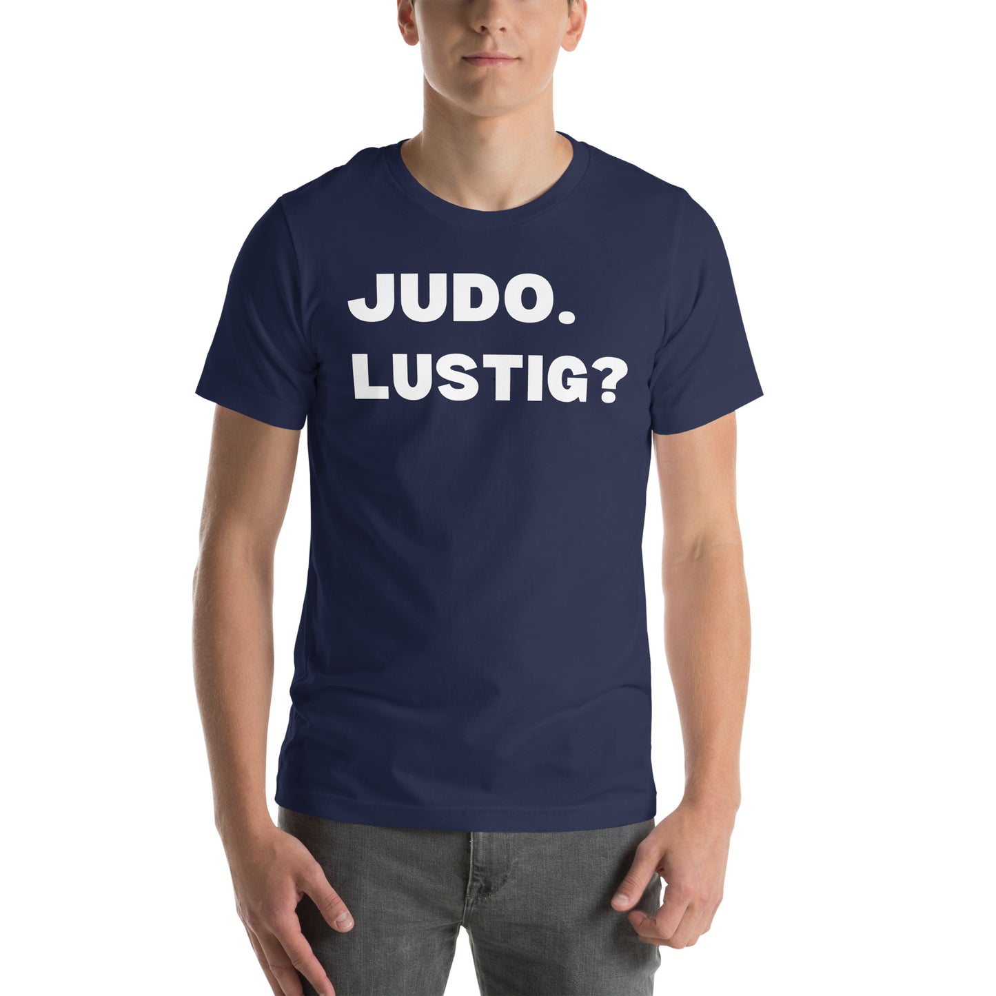 Lustiges Judo T-Shirt Vorderansicht mit humorvollem Judo-Design in Marineblau