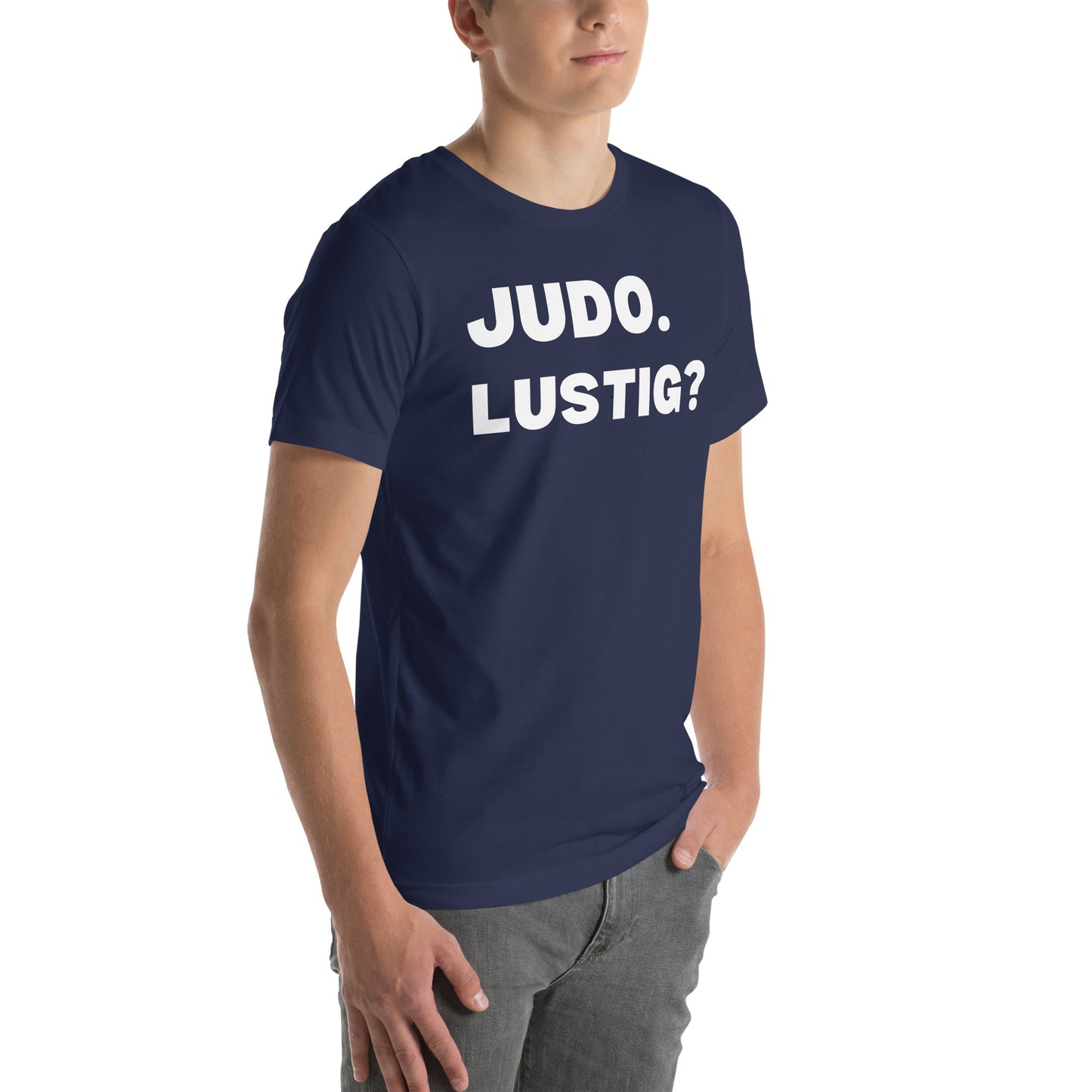 Lustiges Judo T-Shirt Vorderansicht mit humorvollem Judo-Design in Marineblau