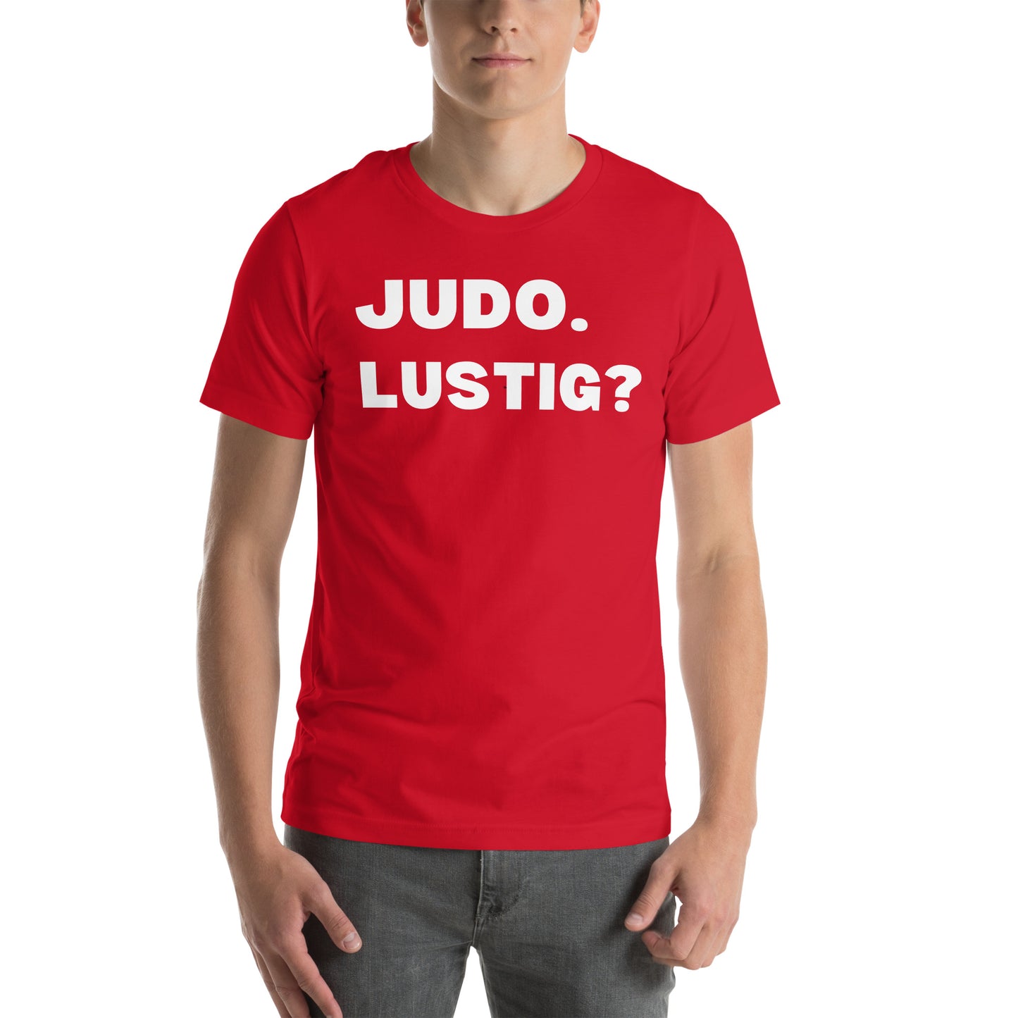 Lustiges Judo T-Shirt Vorderansicht mit humorvollem Judo-Design in Rot