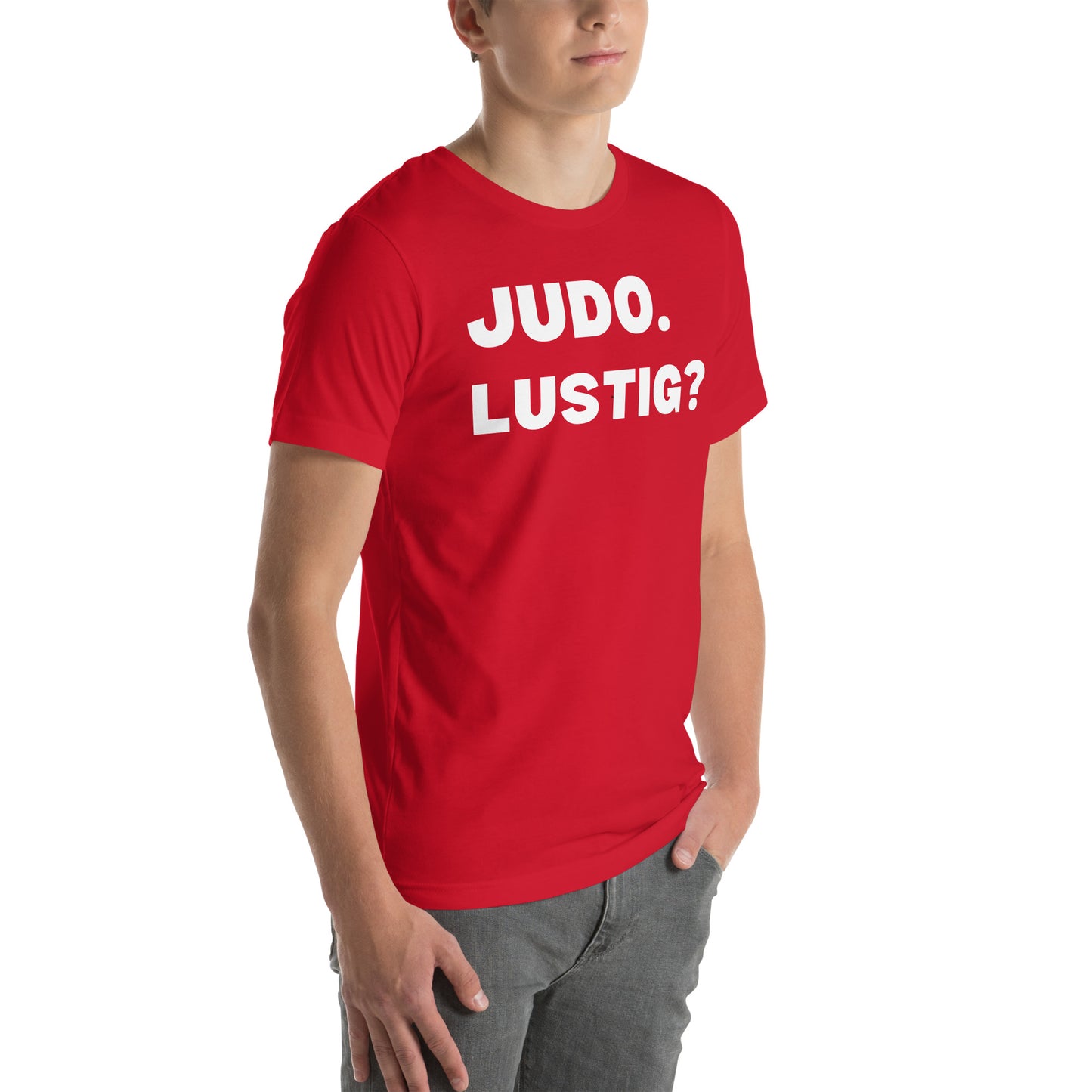 Lustiges Judo T-Shirt Vorderansicht mit humorvollem Judo-Design in Rot