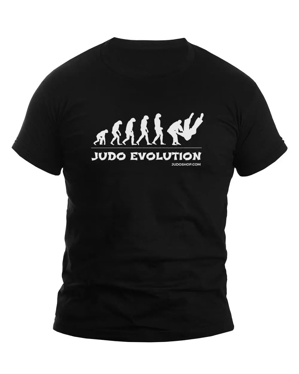 Black unisex Judo T-Shirt featuring a white 'Judo Evolution' design with an evolution graphic transitioning to a judo throw. Perfect for martial arts enthusiasts.