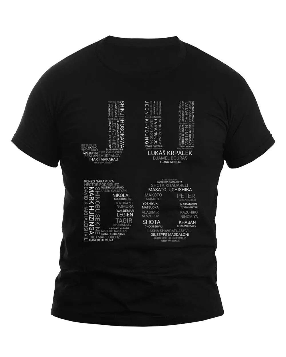 Black Judo Olympic Winners T-Shirt featuring names of male Olympic judo champions in a bold, artistic text design.