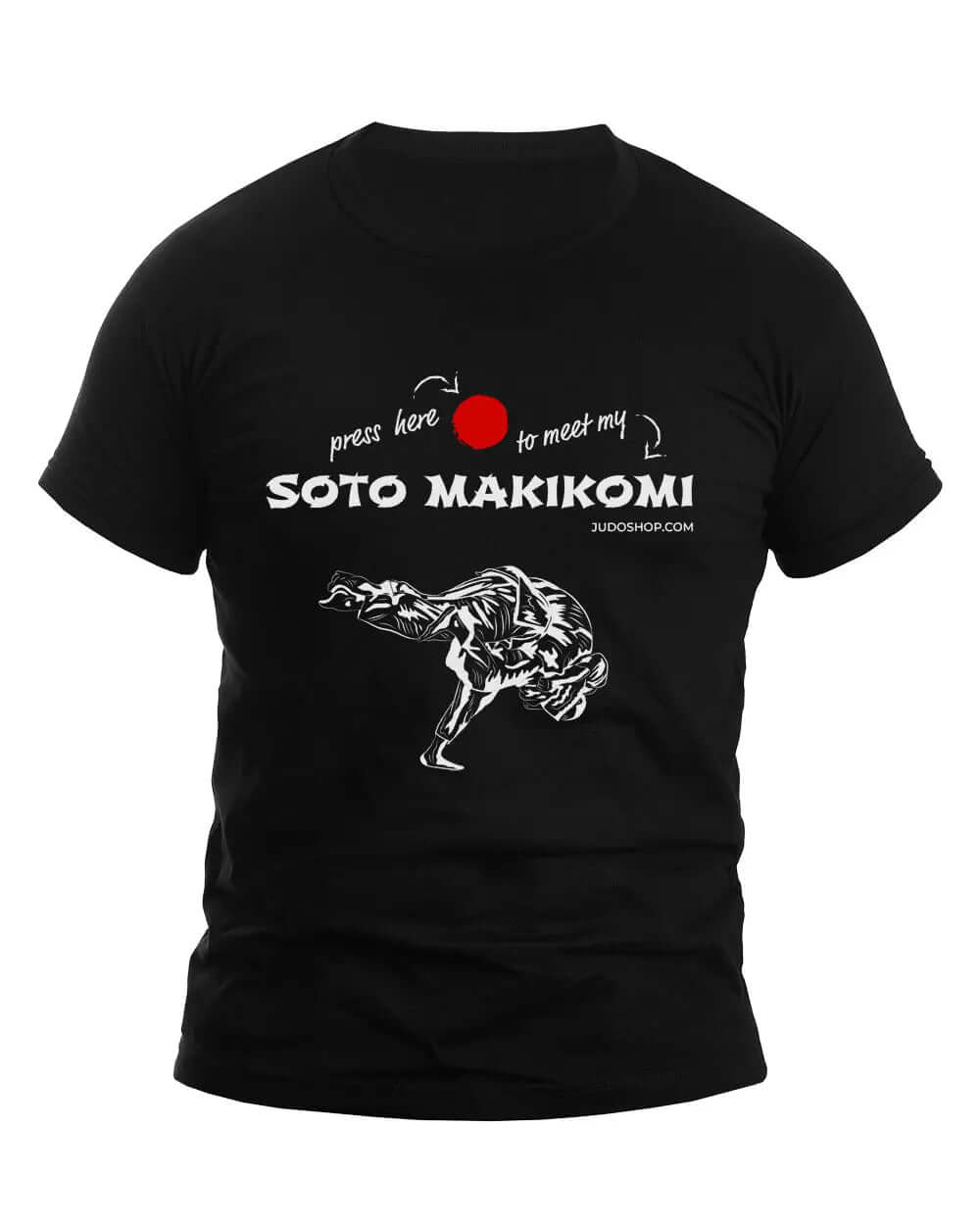 Black Judo T-Shirt featuring 'Press Here to Meet My Soto Makikomi' text with a red dot and judo throw graphic, ideal for judo enthusiasts.