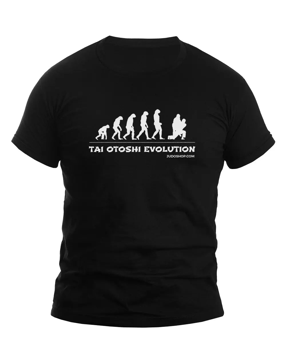 Black Judo T-Shirt featuring a Tai Otoshi Evolution graphic with white silhouettes depicting human evolution into a judo throw. Unisex design.
