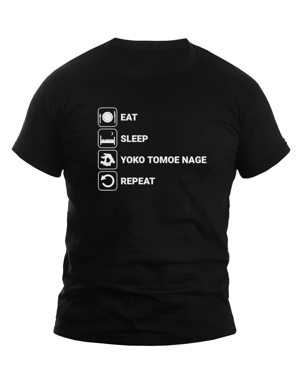 Black unisex t-shirt featuring the text 'Eat Sleep Yoko Tomoe Nage Repeat' in bold white font, ideal for judo enthusiasts.