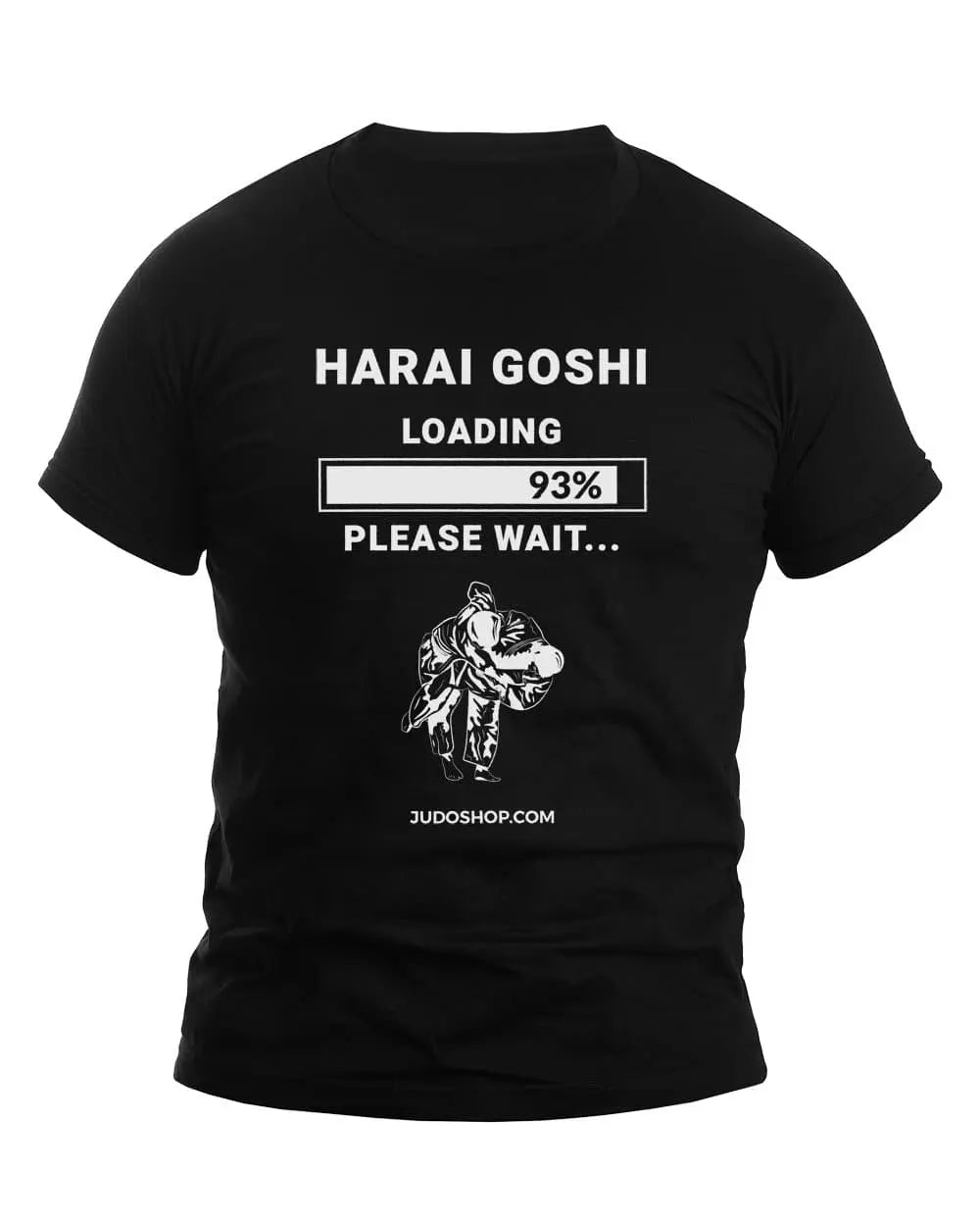Black unisex Judo T-Shirt featuring 'Harai Goshi Progress Bar' design with a loading bar and judo throw graphic.
