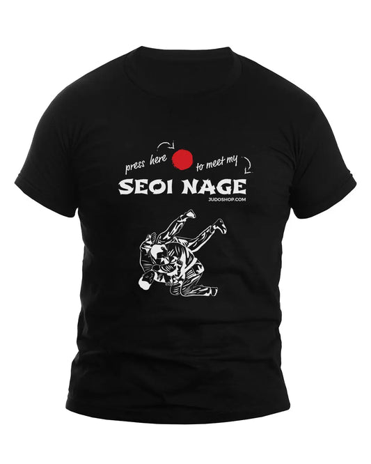 Black Judo T-Shirt featuring a Seoi Nage design with 'Press Here to Meet My Seoi Nage' text, worn by a model.