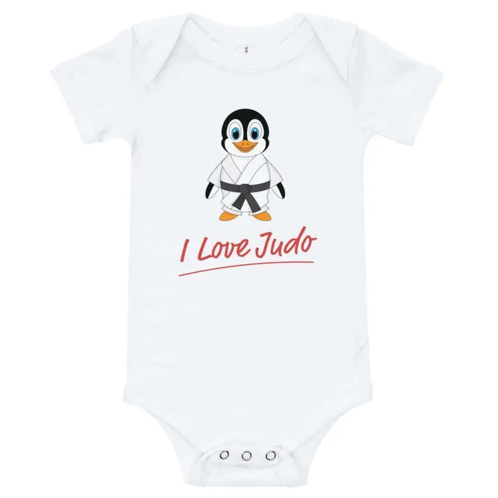 White baby bodysuit featuring a cute penguin in a judo uniform with the text 'I Love Judo' in red, perfect for baby and toddler wear.