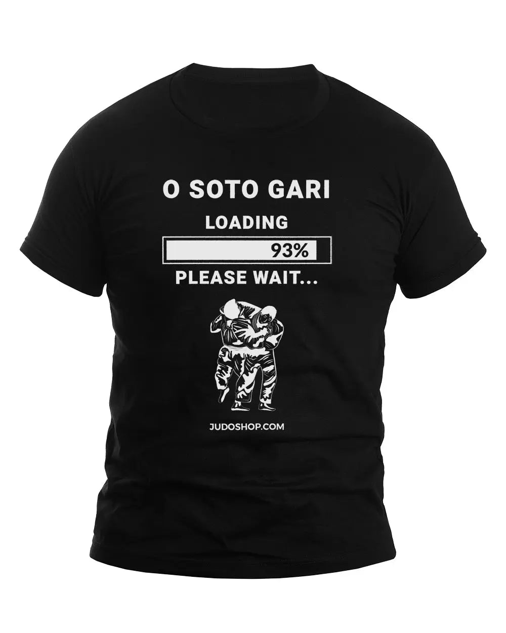 Black unisex Judo T-Shirt featuring 'O Soto Gari Progress Bar' design with a loading bar at 93% and a judo illustration below.