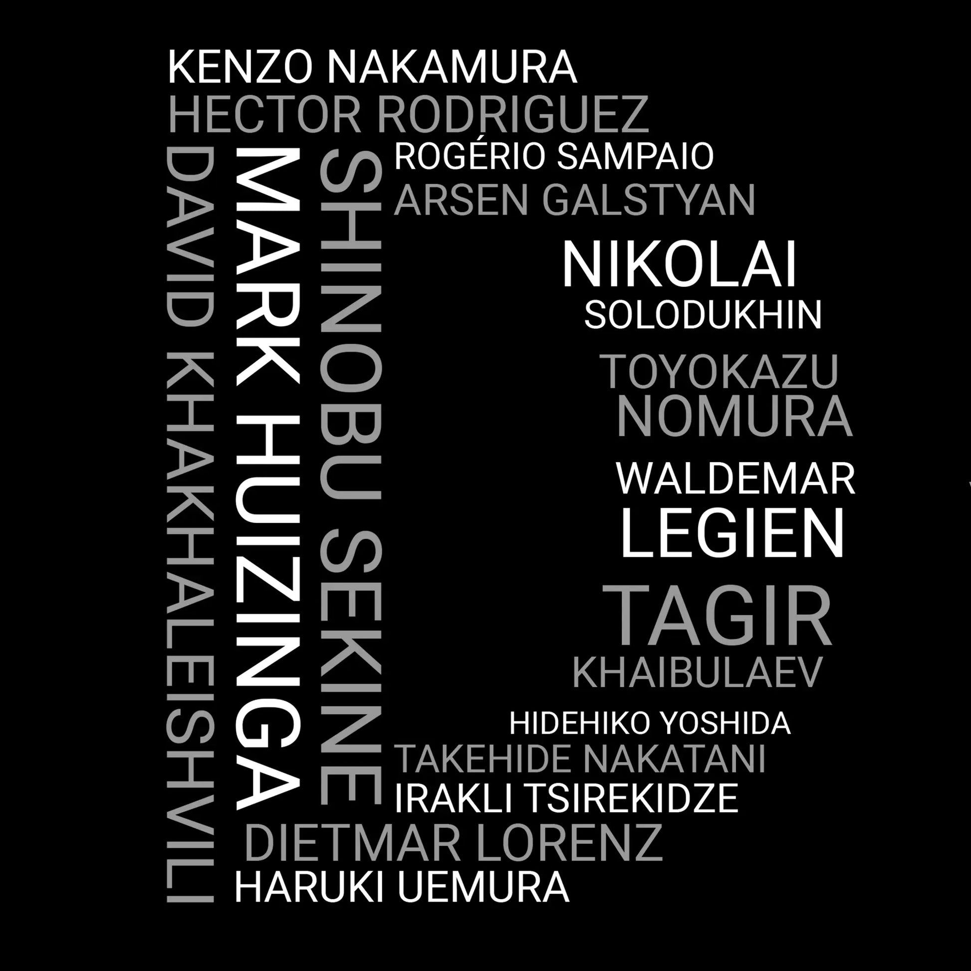 Artistic text design on the Judo Olympic Winners T-Shirt displaying names of historic male Olympic judo legends in white font.