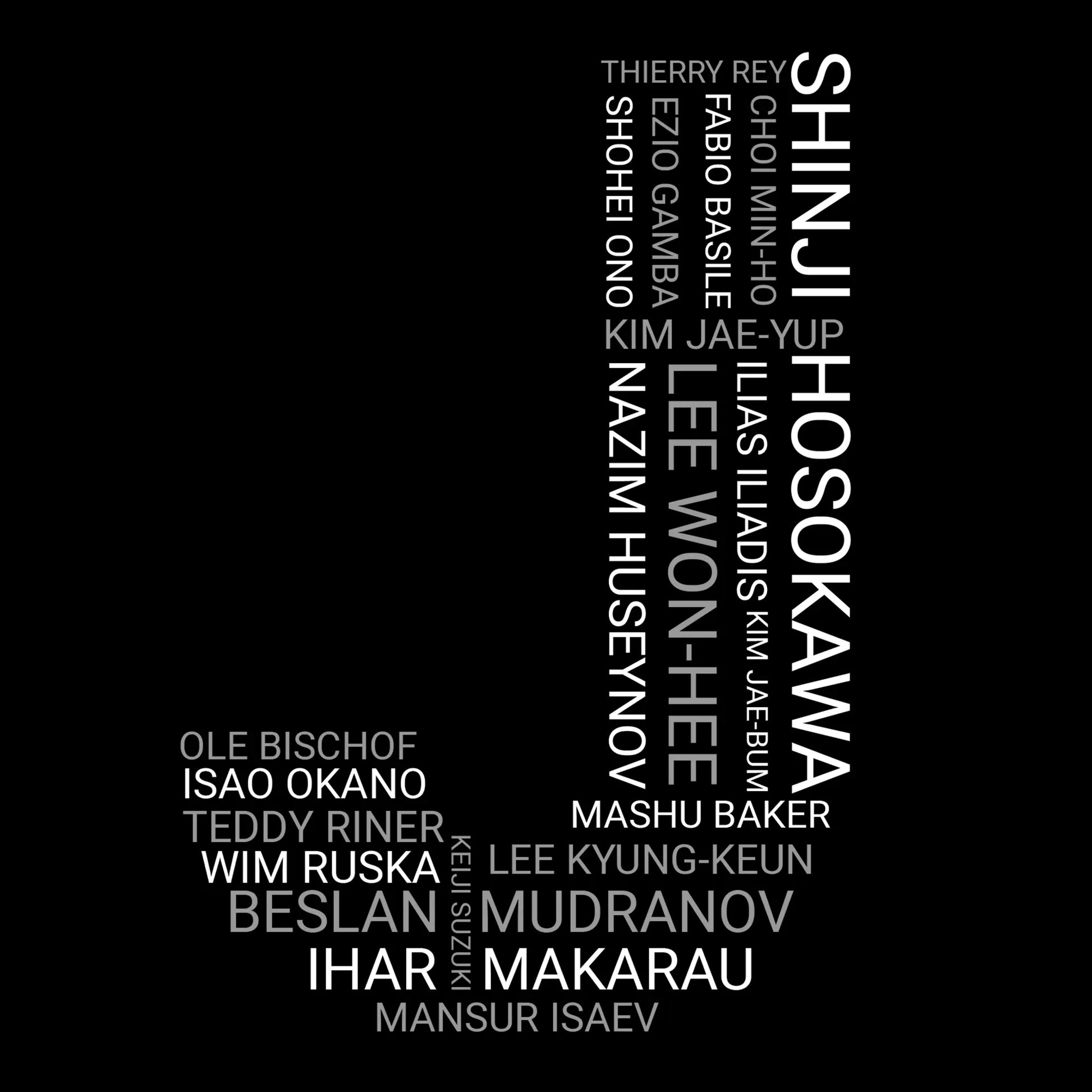 Close-up of the Judo Olympic Winners T-Shirt design showcasing names of legendary male Olympic judo athletes in white text.