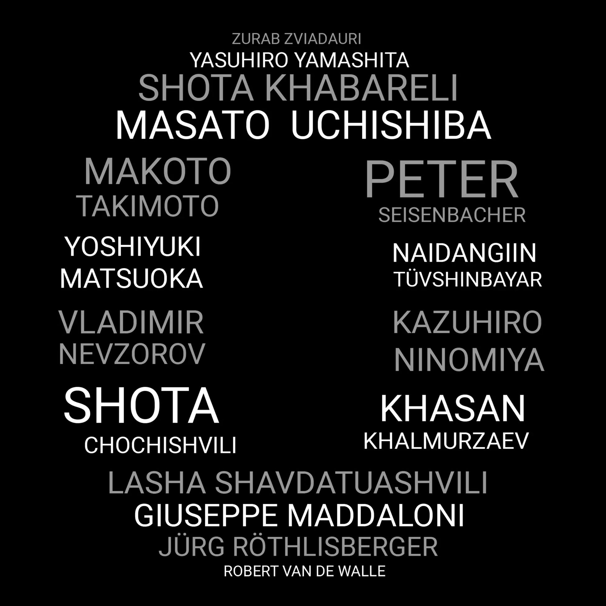 Circular arrangement of male Olympic judo champions' names on the Judo Olympic Winners T-Shirt, emphasizing legendary athletes.
