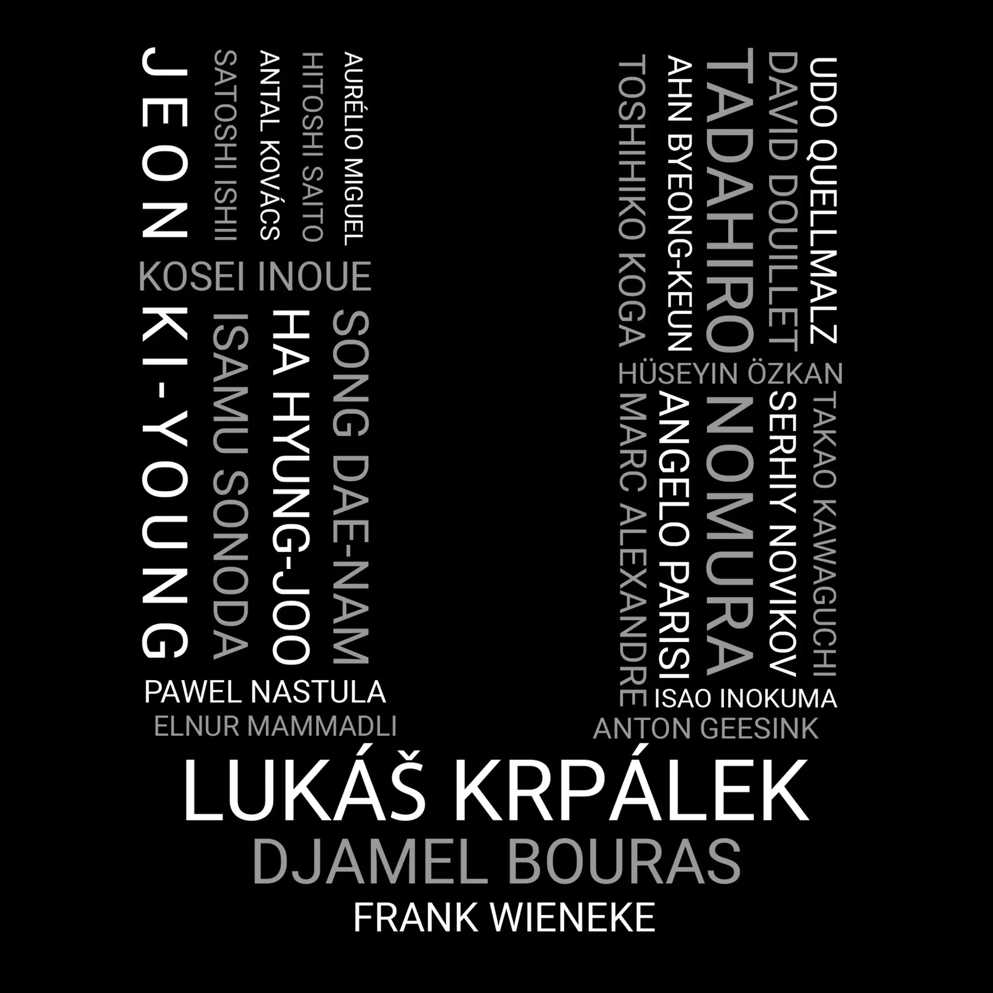 Detailed view of the Judo Olympic Winners T-Shirt design highlighting iconic judo champions' names arranged in a creative layout.