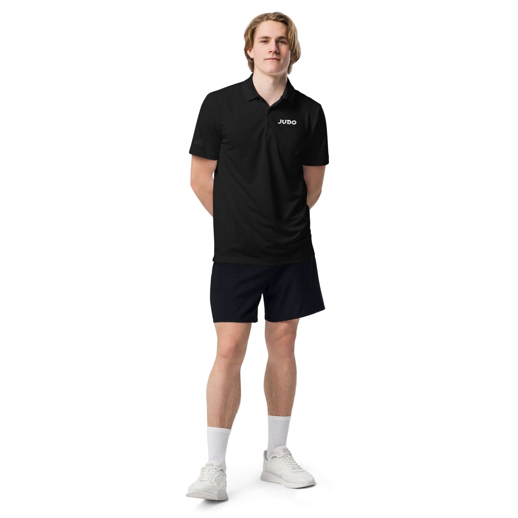 Adidas Judo Polo T-shirt front view showing minimalist JUDO text on black polo