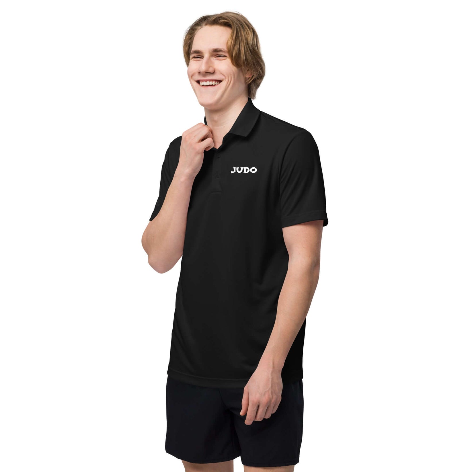 Front left angle view of black adidas Judo polo shirt