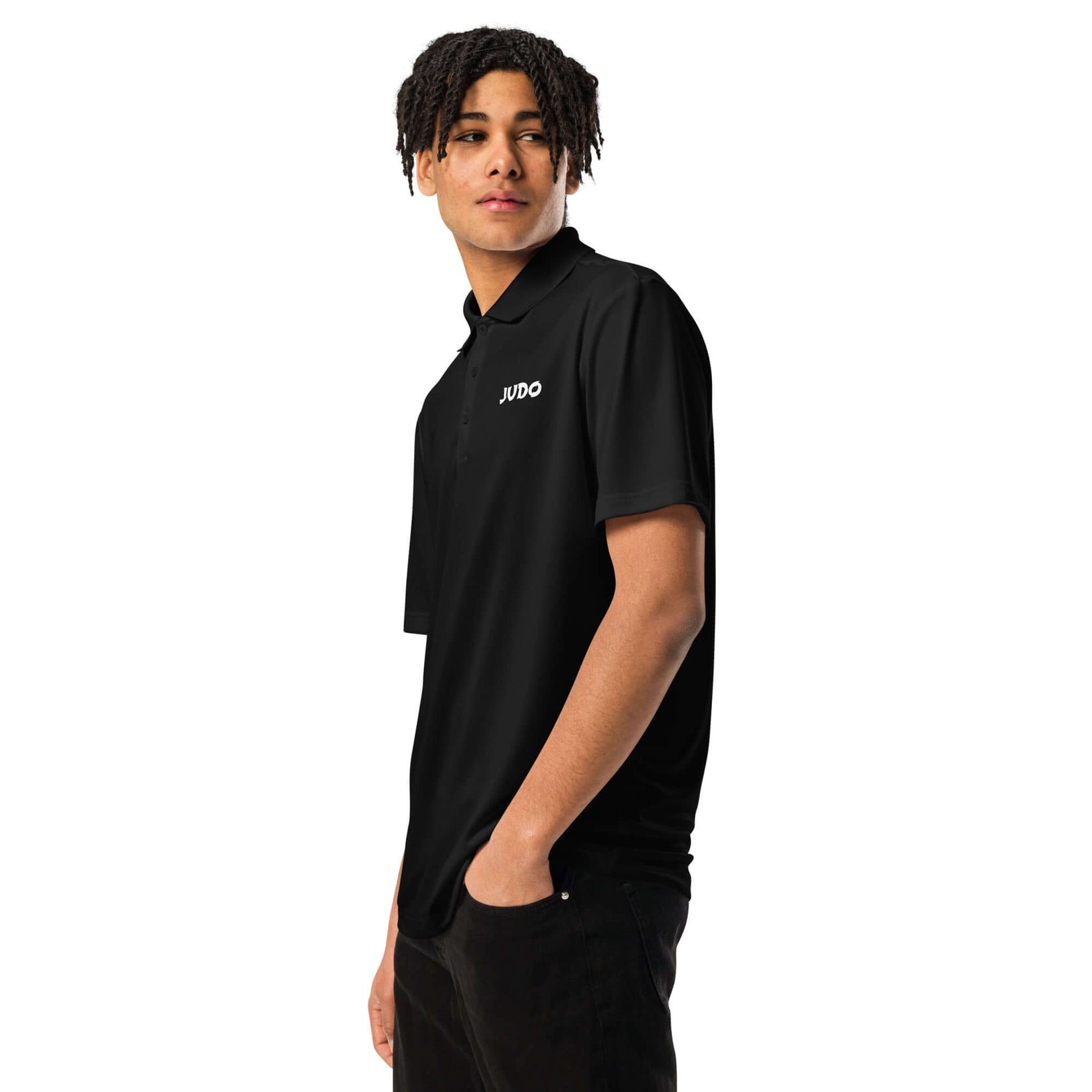 Front left angle view of black adidas Judo polo shirt