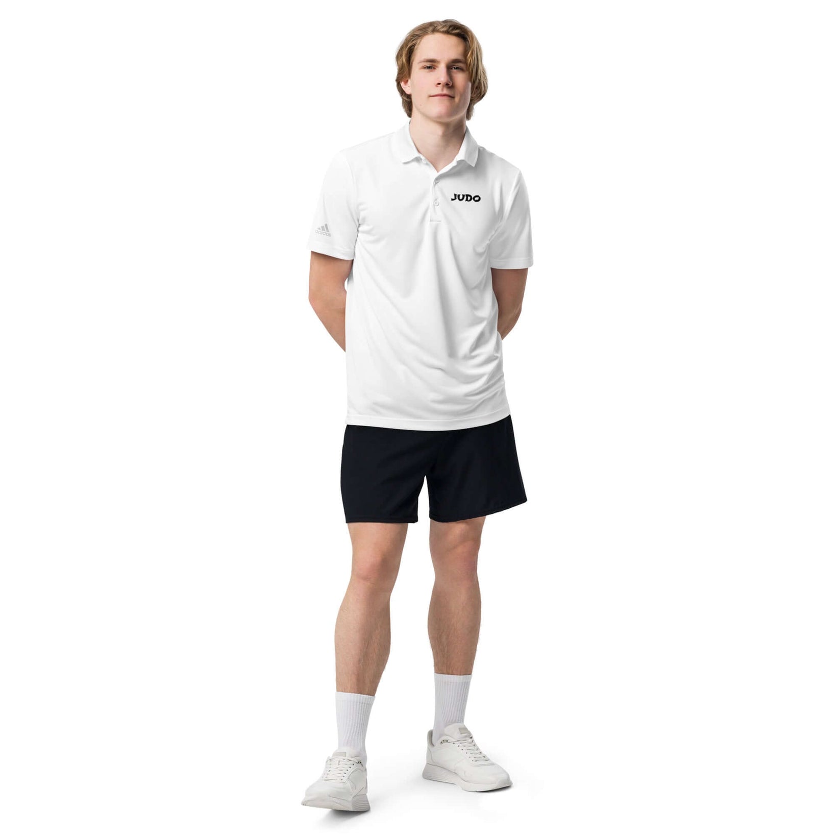 Adidas Judo Polo T-shirt front view showing minimalist JUDO text on white polo