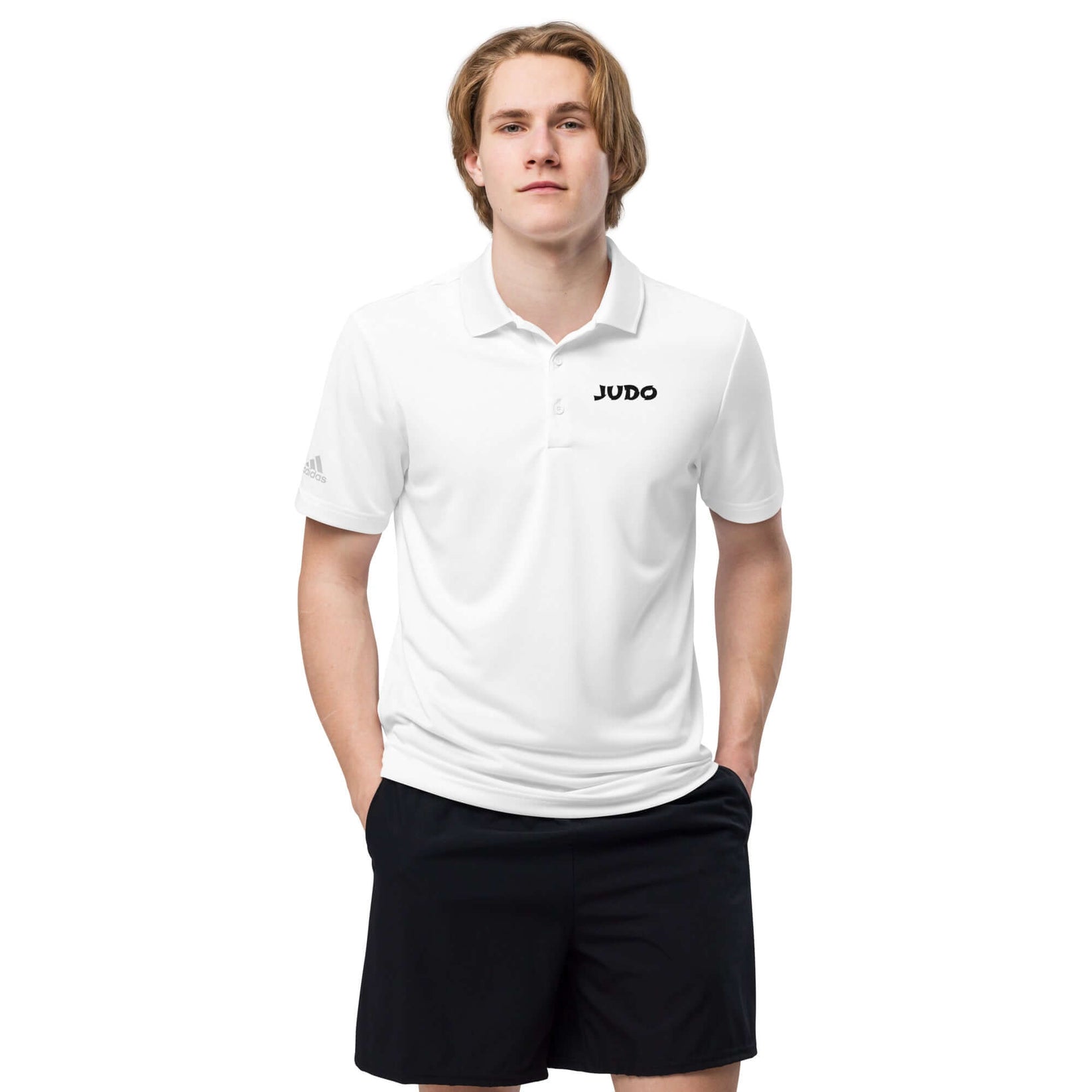 Adidas Judo Polo T-shirt front view showing minimalist JUDO text on white polo