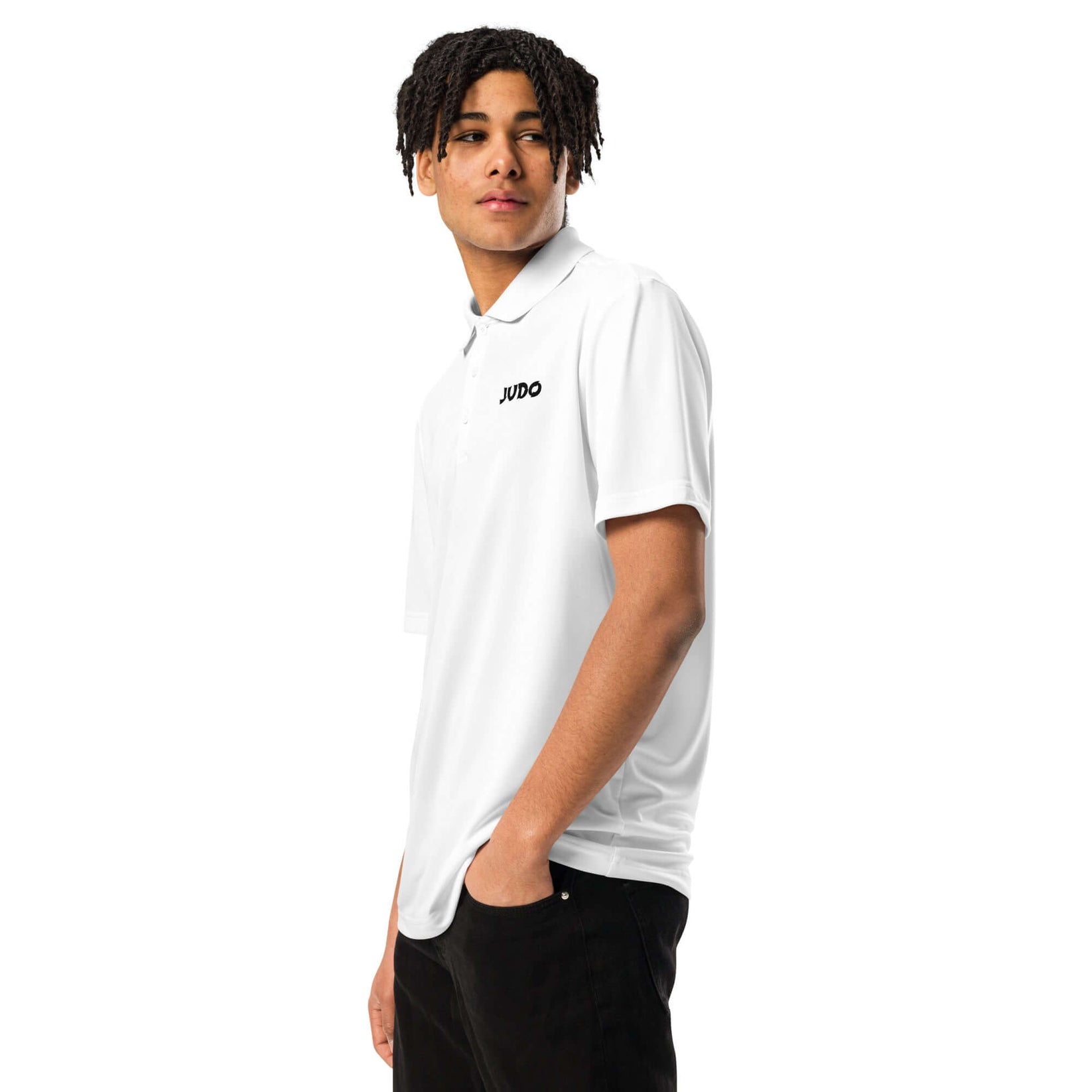 Front left angle view of white adidas Judo polo shirt