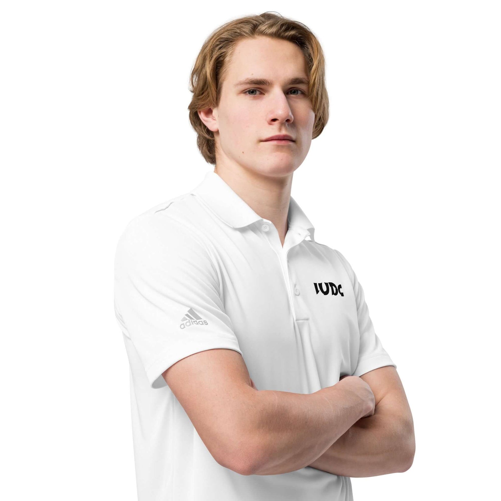 Front right angle view of white adidas Judo polo shirt