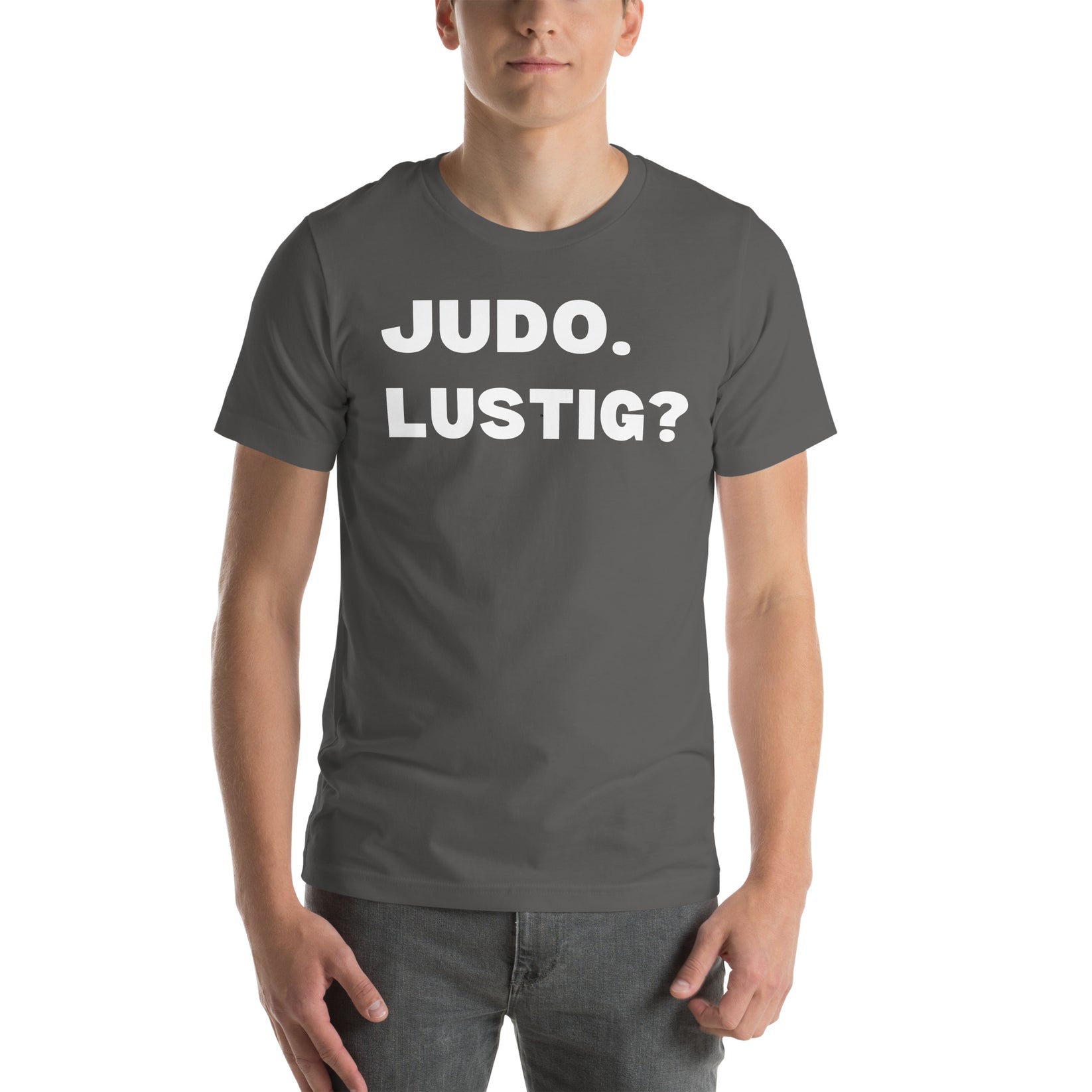 Lustiges Judo T-Shirt Vorderansicht mit humorvollem Judo-Design in Asphaltgrau
