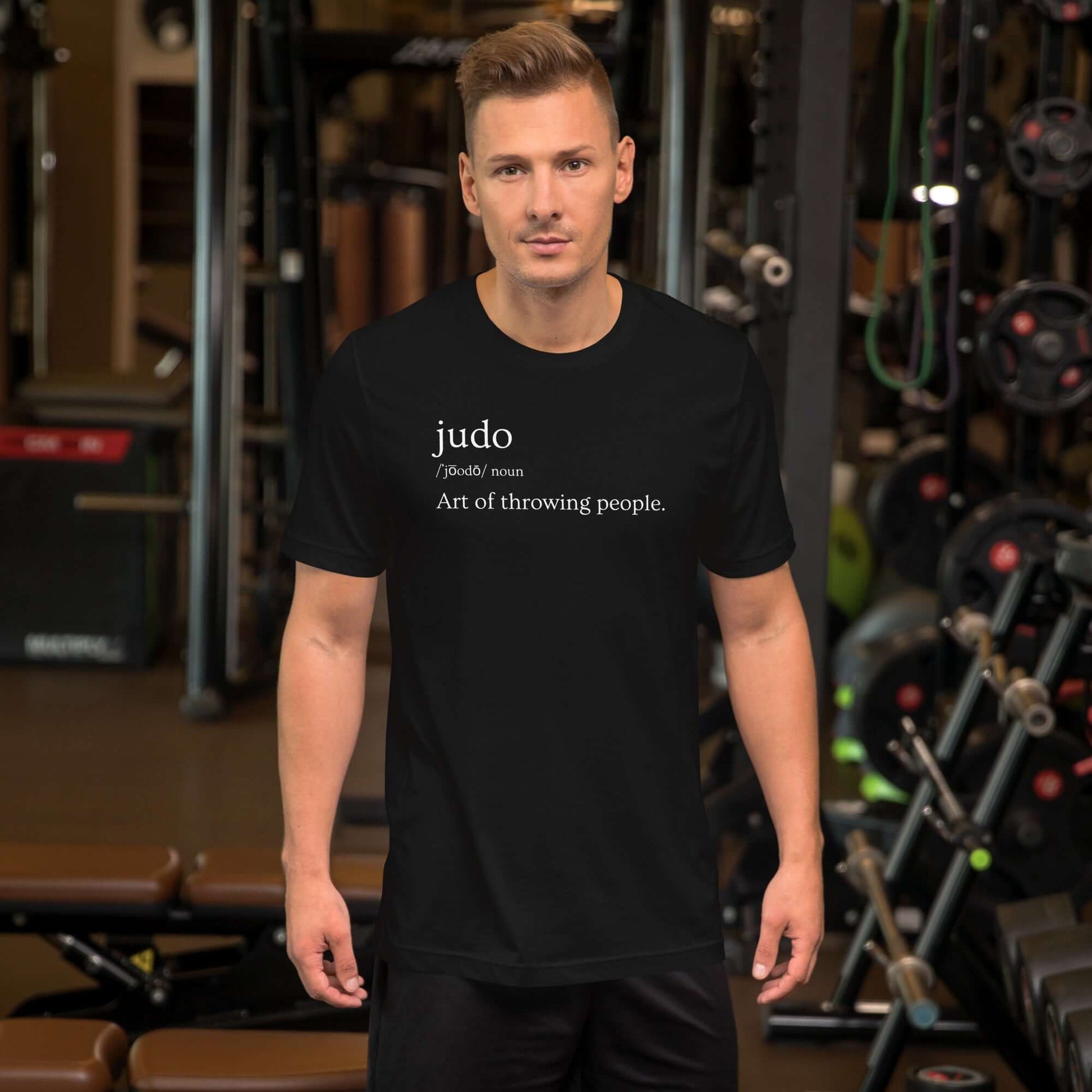 Judo Definition T-shirt front view showing dictionary-style design on black cotton