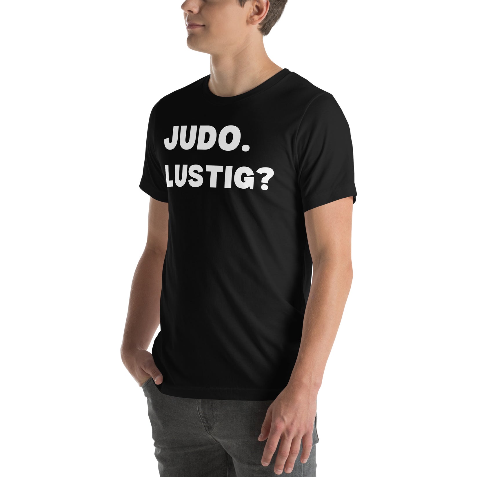 Linke/Vorderansicht Seitenansicht des lustigen Judo T-Shirts in Schwarz