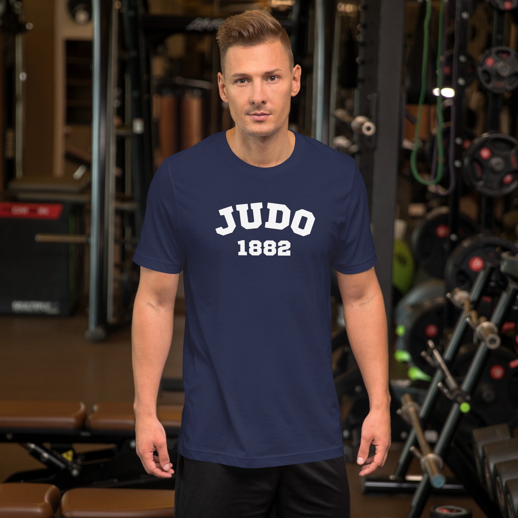 Judo 1882 t-shirt front view showing classic white text design on navy t-shirt