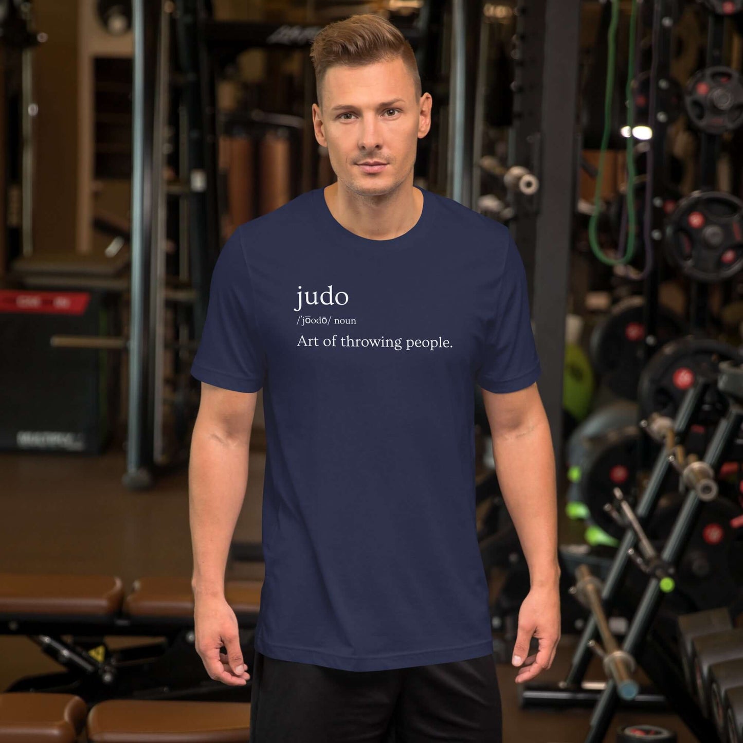 Judo Definition T-shirt front view showing dictionary-style design on navy cotton