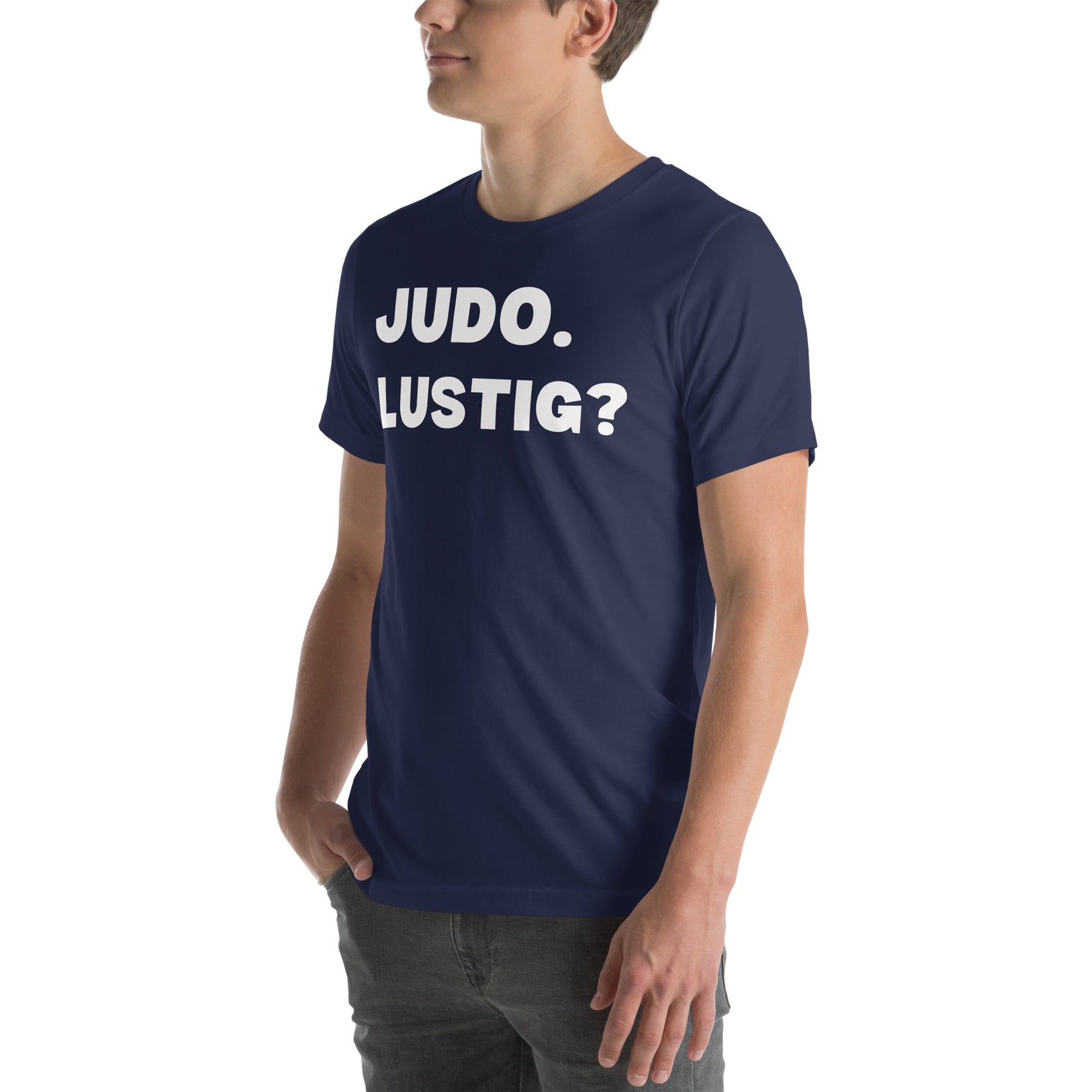 Lustiges Judo T-Shirt Vorderansicht/Linke mit humorvollem Judo-Design in Marineblau