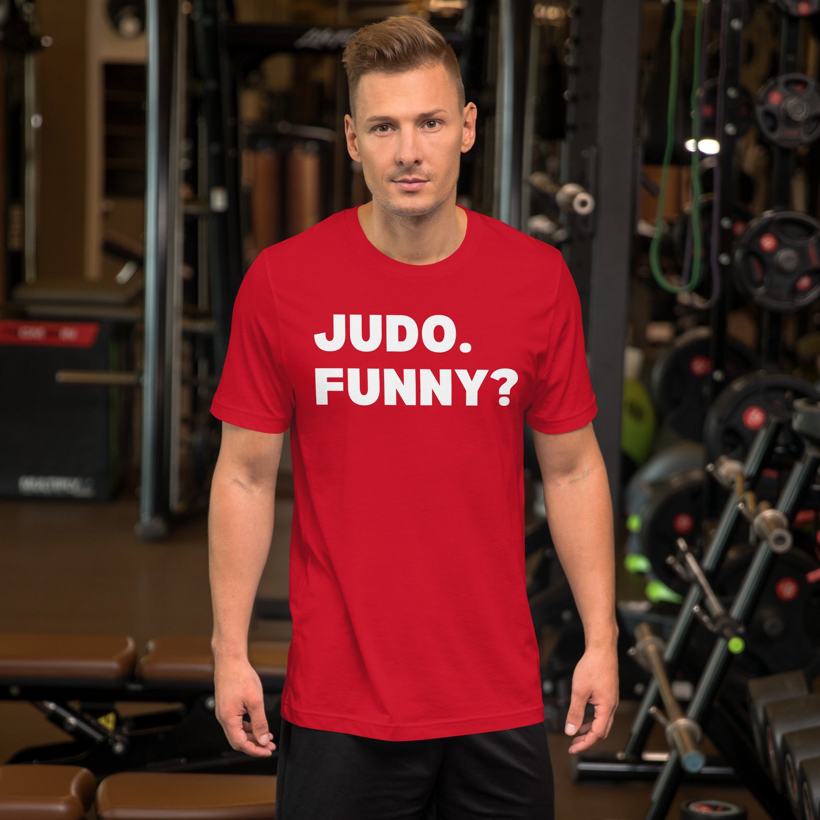 JUDO. FUNNY? t-shirt front view showing bold white text design on red cotton