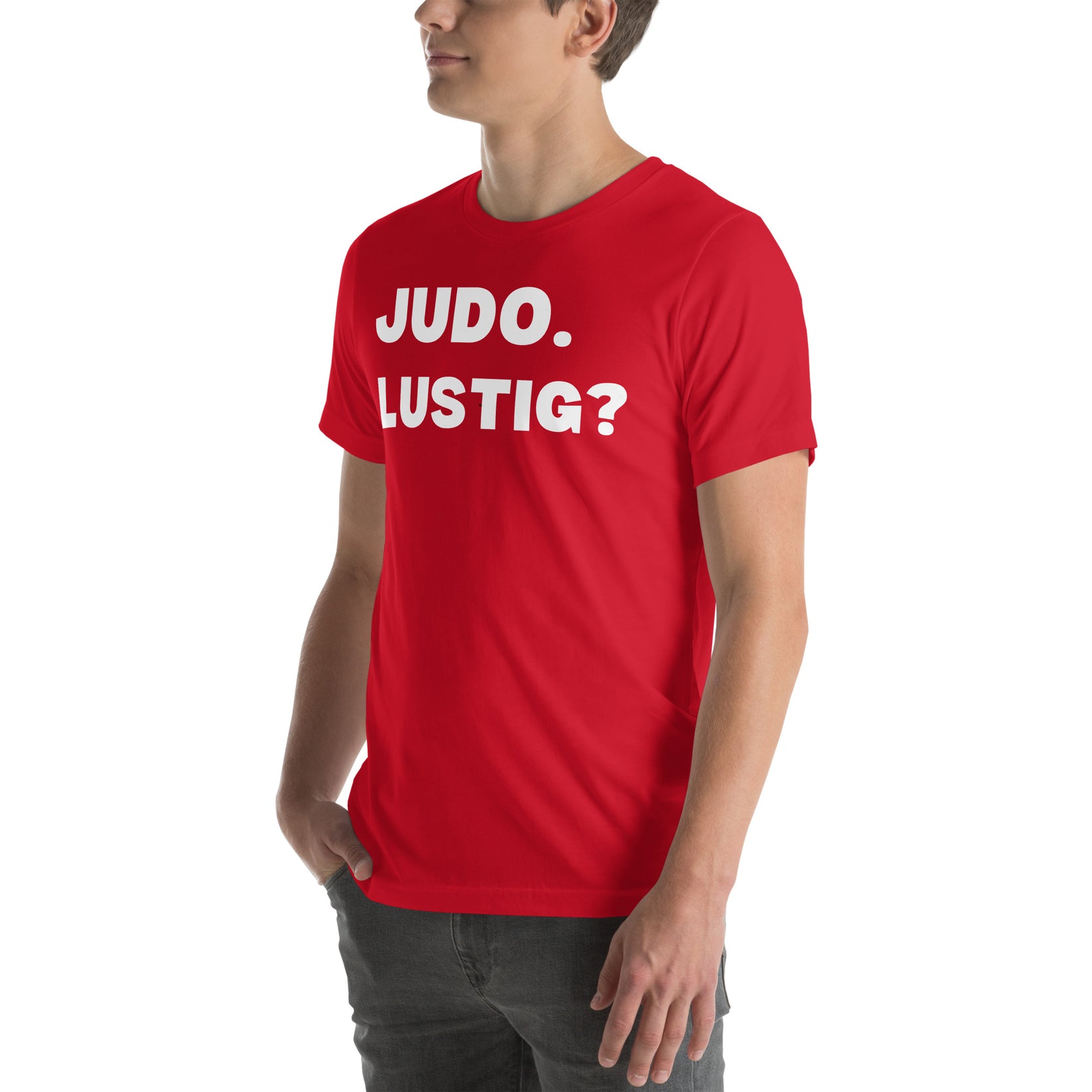 Lustiges Judo T-Shirt Vorderansicht/Linke  mit humorvollem Judo-Design in Rot