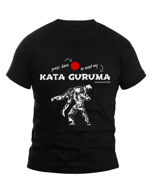 Black Judo T-Shirt featuring 'Press Here to Meet My Kata Guruma' text with a red dot and a graphic of a judo throw. Unisex design.